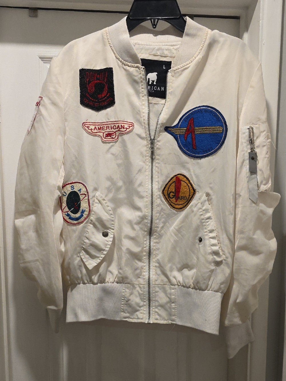 American Stitch White Patchwork Bomber Jacket
